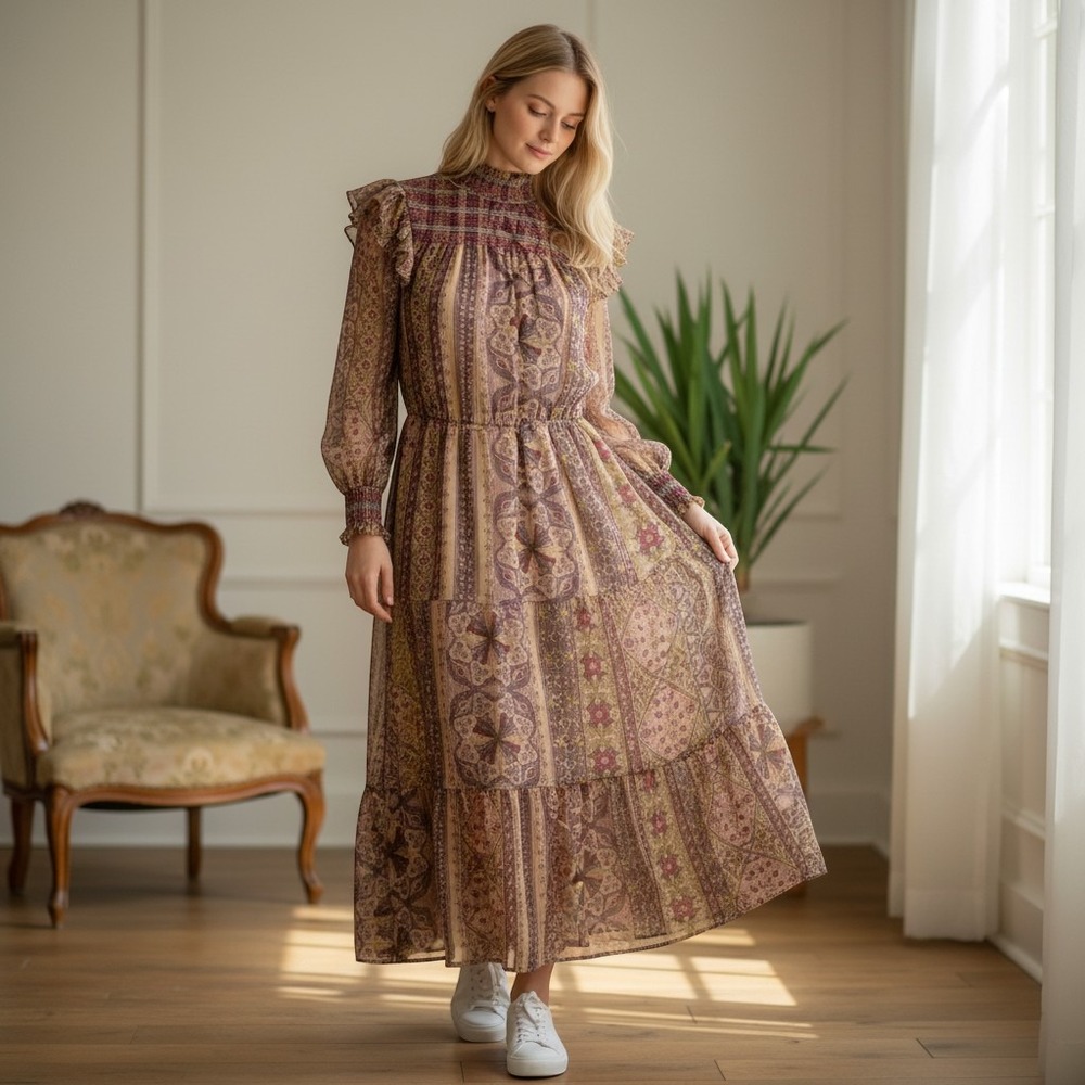 Anthropologie Clara Dress Womens XS Mauve Burgundy‎ Maxi Boho Chic Wimsigoth